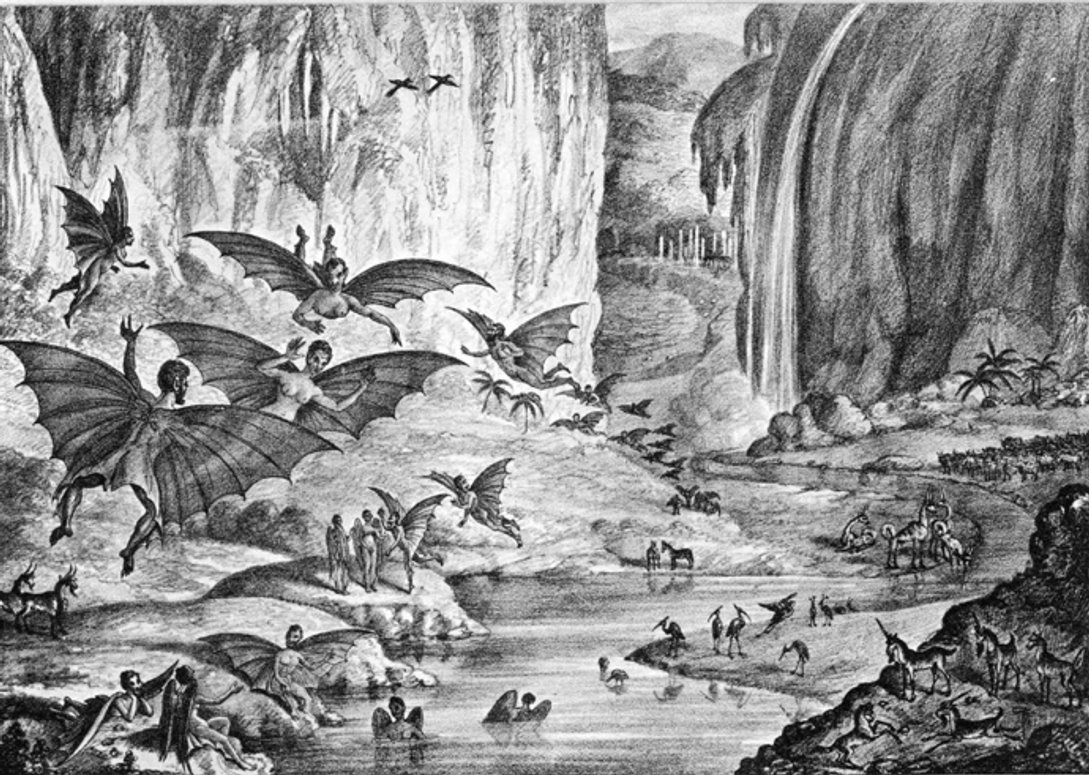 Lithograph of ruby amphitheater on Moon as described in the New York Sun in 1835