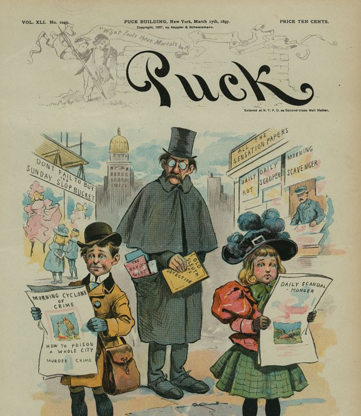 Old sleuth-style reporter replaced by sensational news in an 1897 illustration.